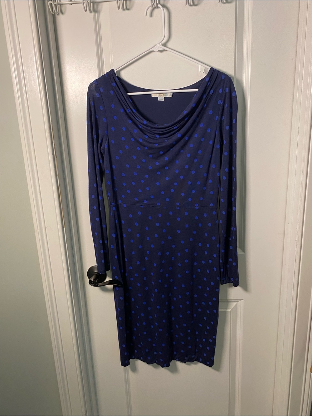 Boden Navy Blue Polka Dot Long-Sleeve Wool Blend Cowl Neck Dress